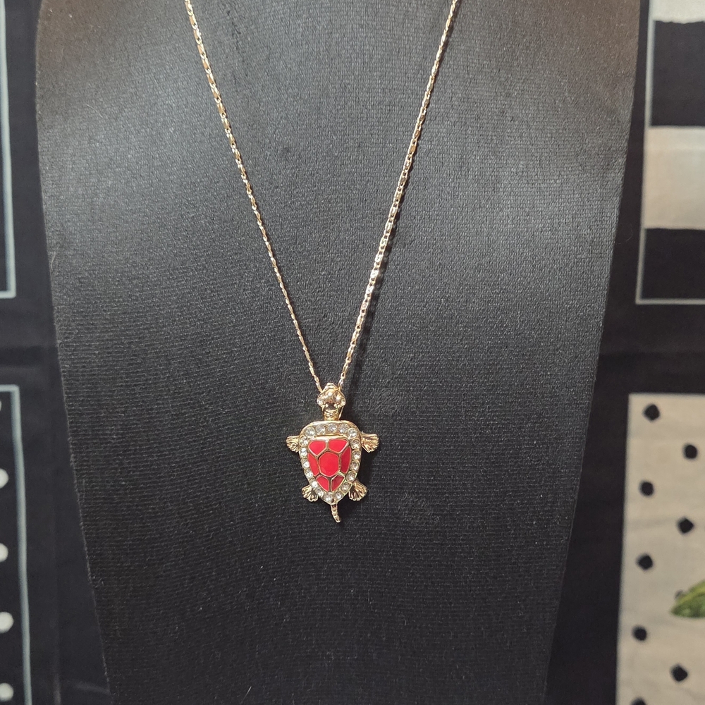 Gold Turtle Pendant Necklace with Red Accents
